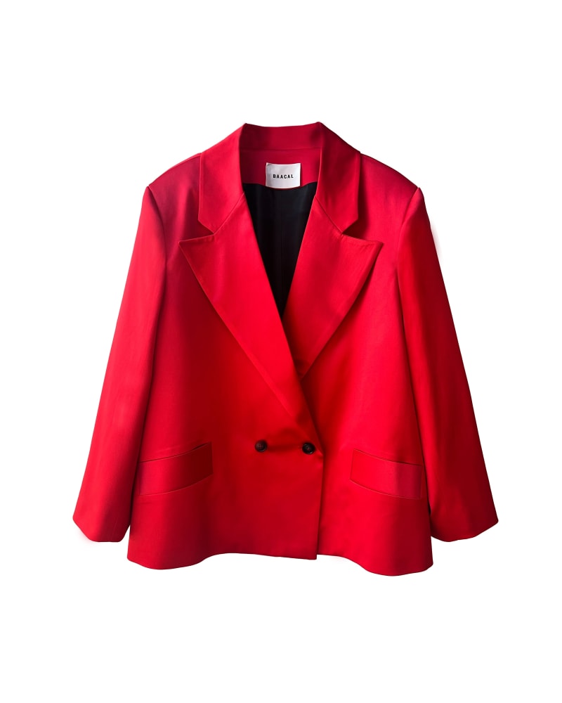 Front of a size 2 The Lexi Satin Blazer - Red in Red by BAACAL. | dia_product_style_image_id:347083